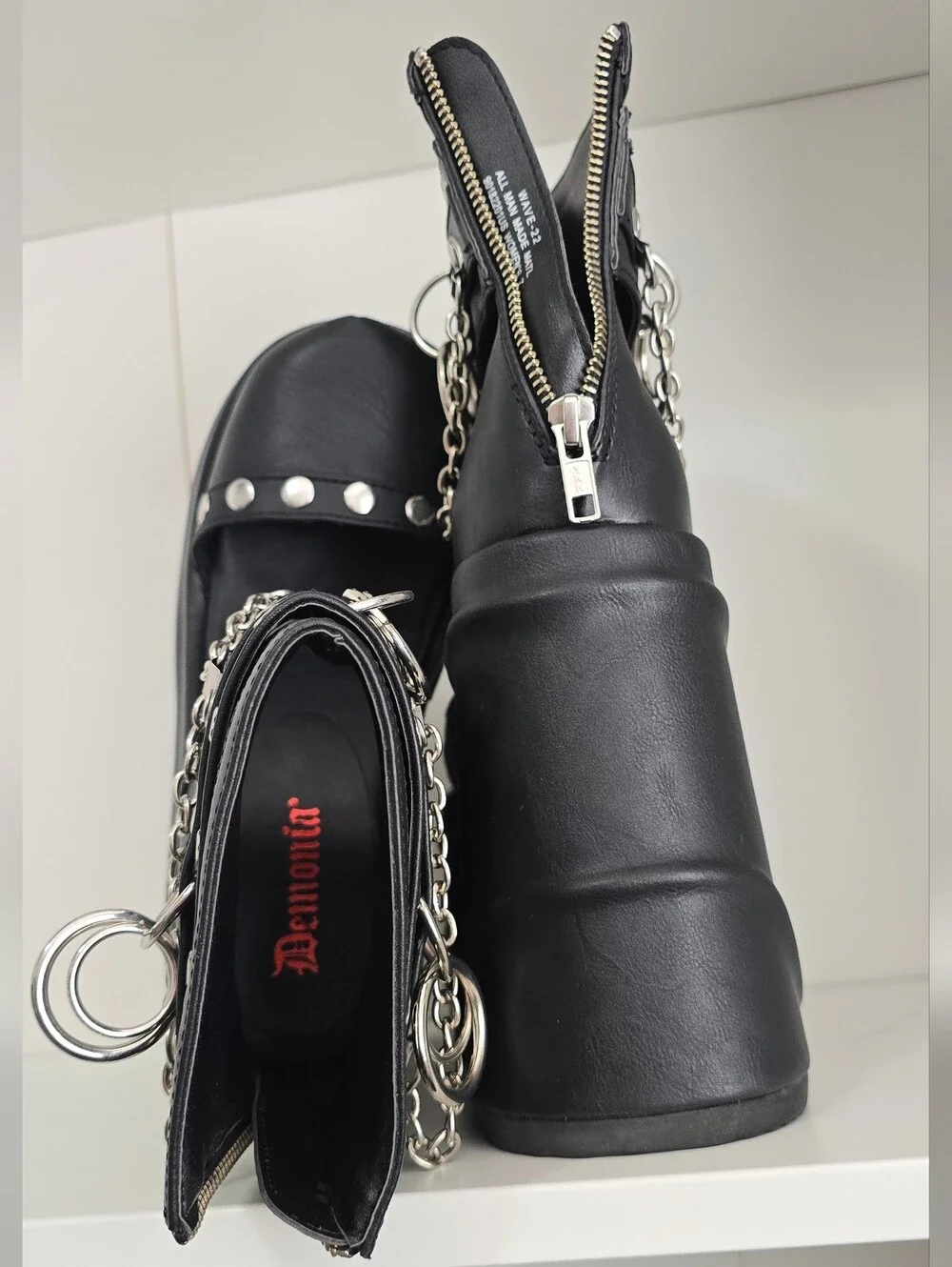 Demonia Black Chunky Platform Ankle Boots with Chains